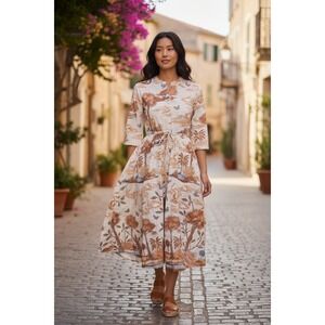 Spartina 449 Tropical‎ Toile Midi Shirtdress XS Drawstring Waist Belted Dress